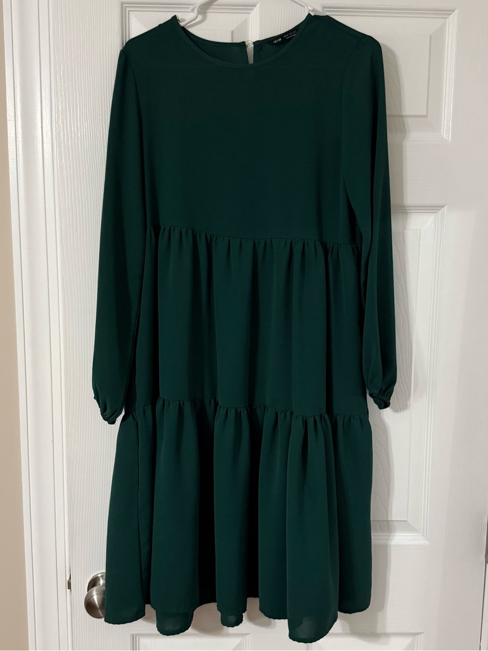 Women's Dark Green Tiered Loose Fit Long Sleeve Dress